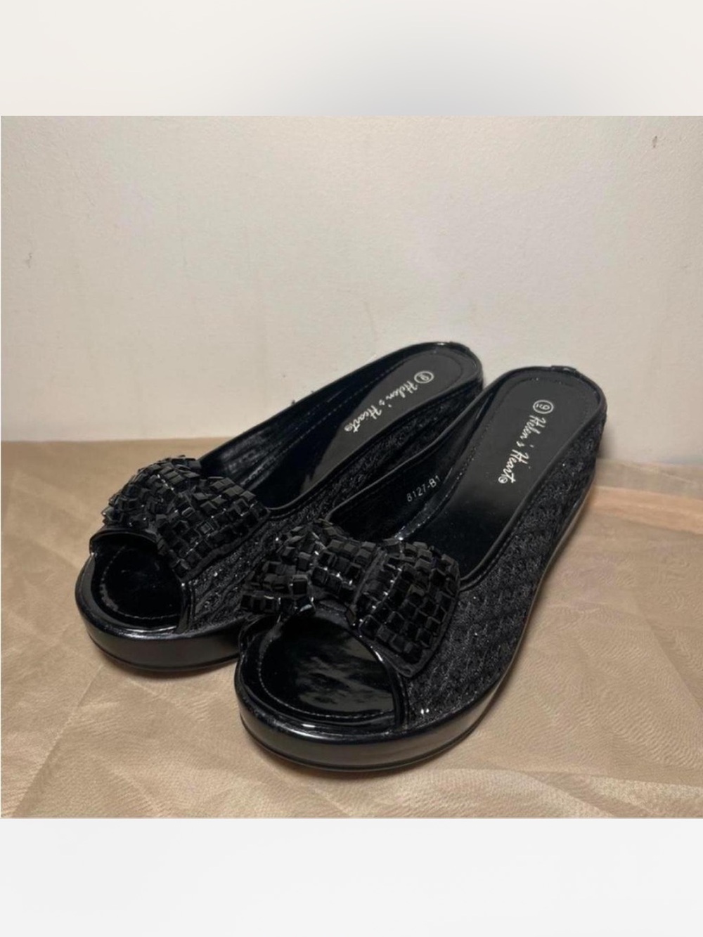 Helen’s Heart black sequin bow slip on shoes